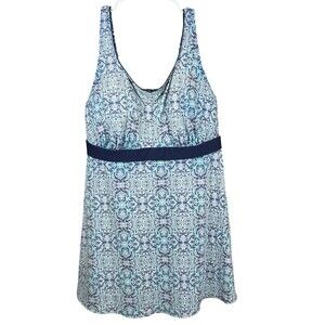 Lands’ End Plus 22W DD Swim Dress Blue Mosaic Tummy Control Adjustable Straps